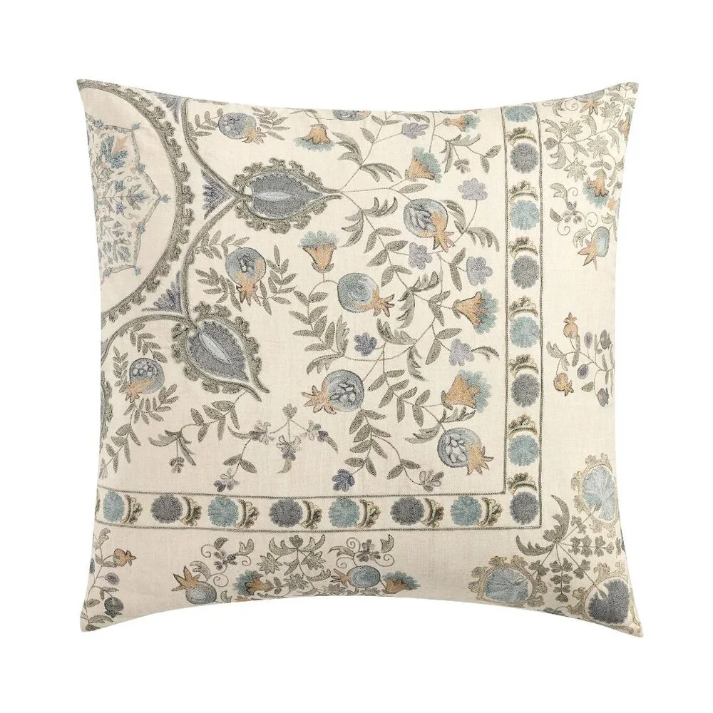 Pottery Barn Lilah Suzani Euro Sham Pillow Cover Embroidered Floral Blue NEW